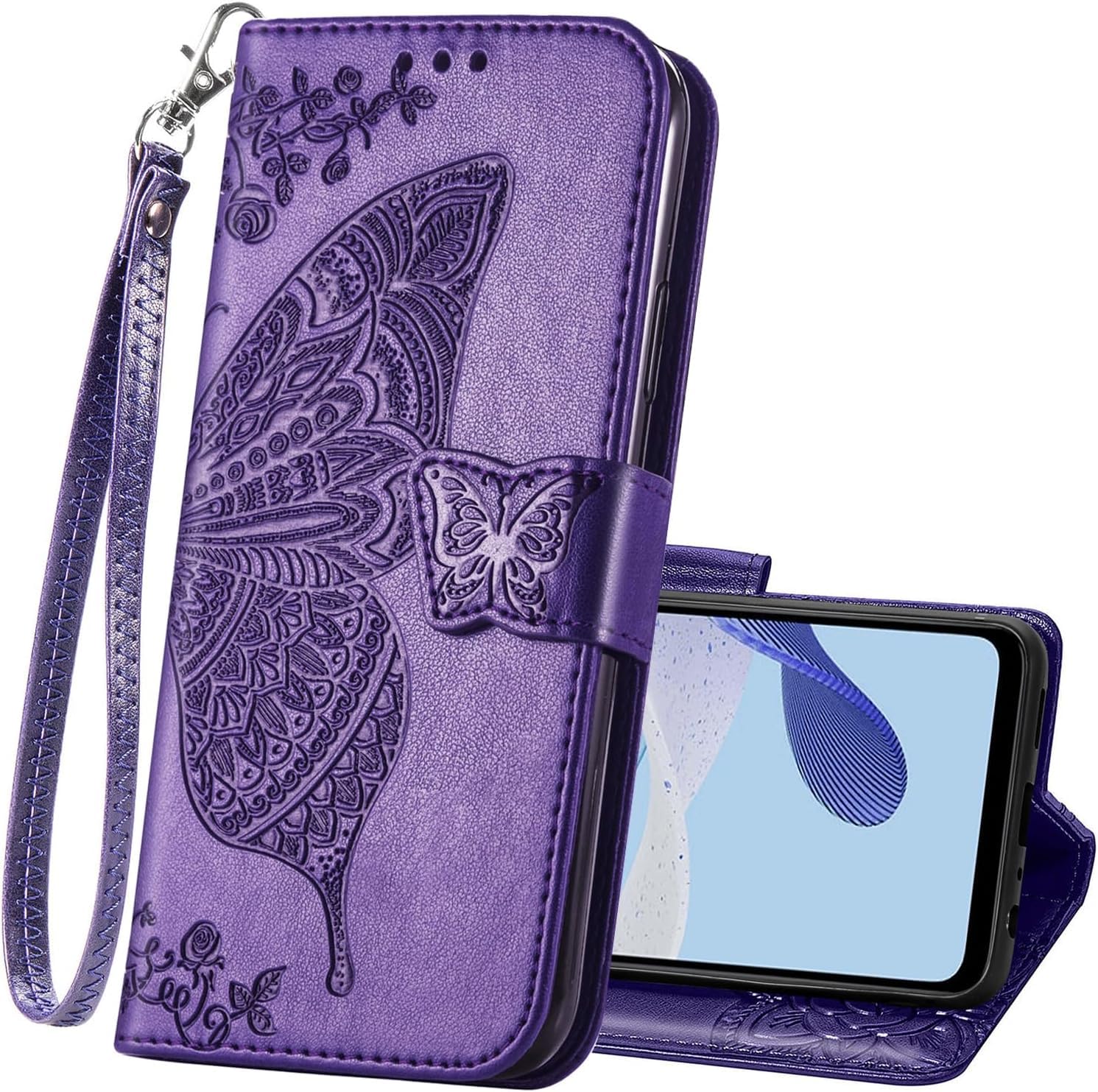 HAOTP Wallet Case for Moto Edge 2024,PU Leather Woman Flip Protective Phone Case Wrist Strap Card Slots Holder Pocket Emboss Butterfly Flower Stand Case for Motorola Moto Edge 2024 Purple