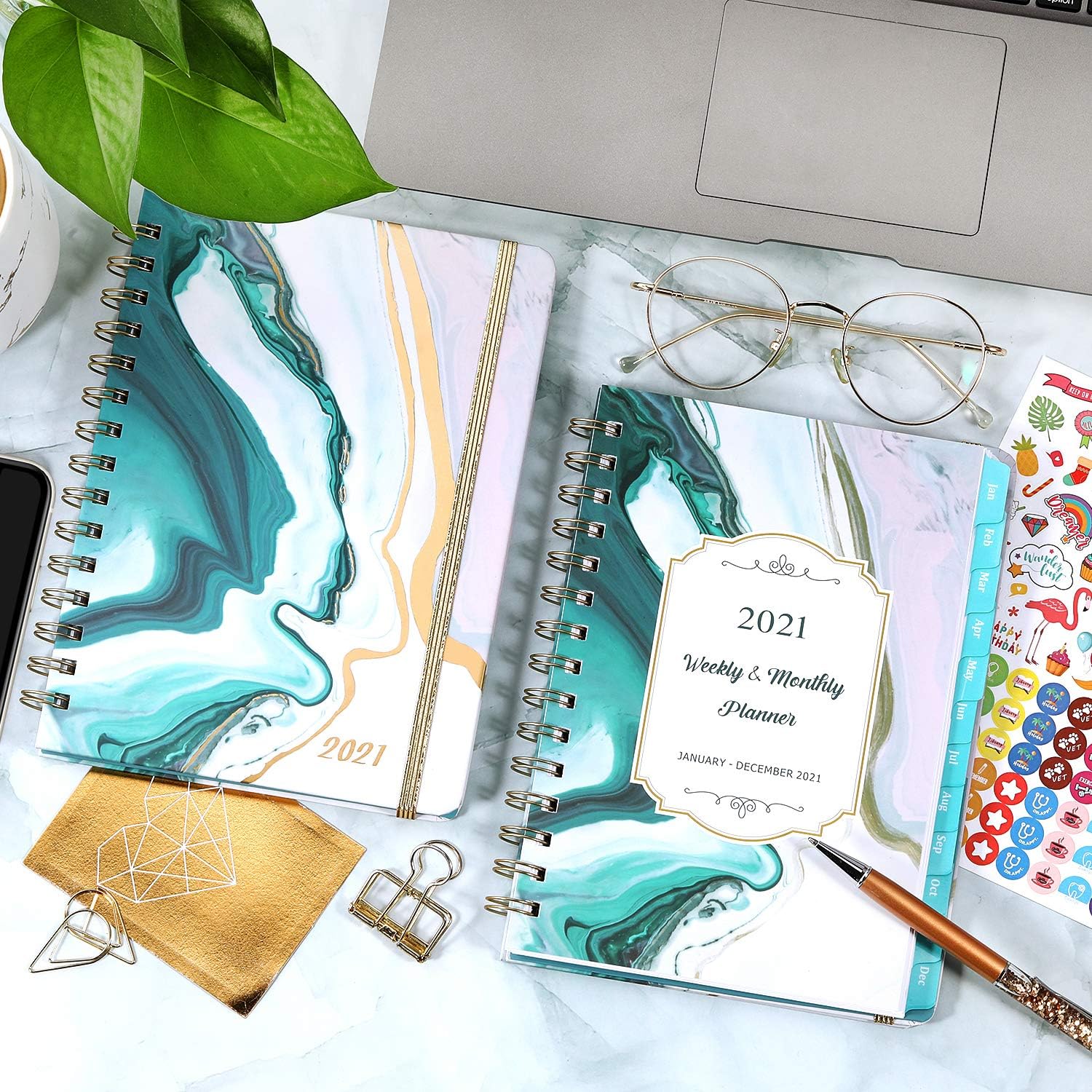Planner 2021 - Weekly & Monthly Planner with Tabs, 6.5" x 8.5", Hardcover with Thick Paper + Back Pocket + Banded, Twin-Wire Binding - Sea Blue : Office Products