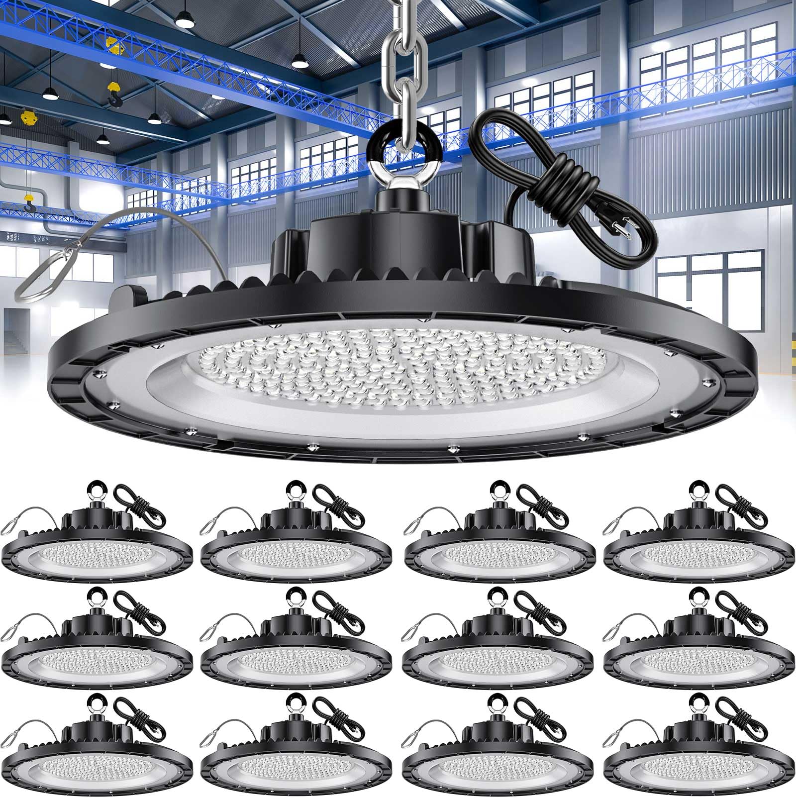 Photo 1 of THELUX 150W UFO LED High Bay Light 22500LM Super Bright 5000K for Warehouse Workshop Gym Garage - Waterproof Commercial High Bay LED Shop Lights with US Plug Cable Hook & Safety Rope 50,000Hrs 12Pack