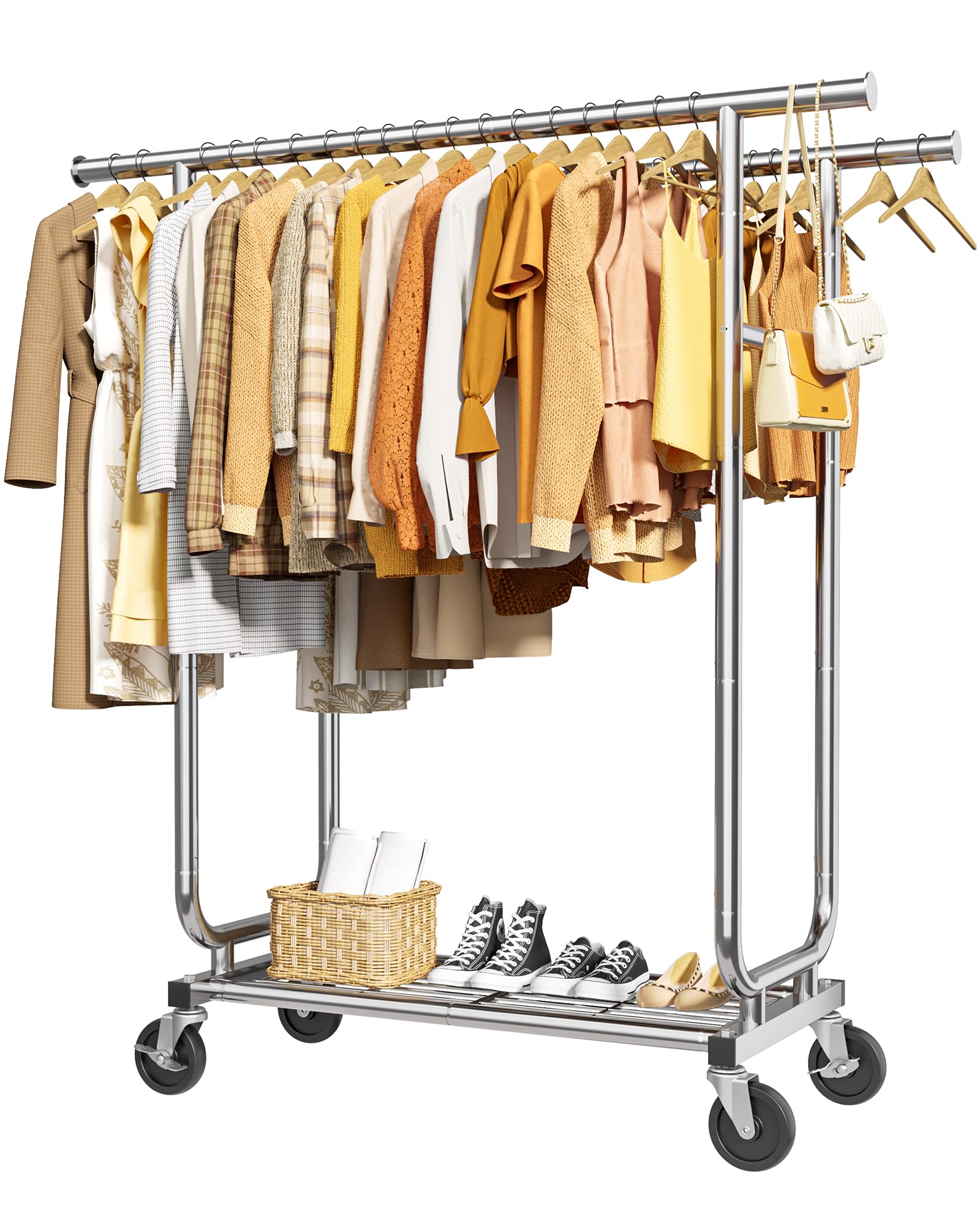 Photo 1 of Sakugi Clothes Rack - Double-Rod Stainless Steel Garment Rack with 4-inch Lockable Wheels, Clothing Racks for Hanging Clothes in Bedroom, Laundry Room, 43.3" × 16.5" × 61.0", Silver