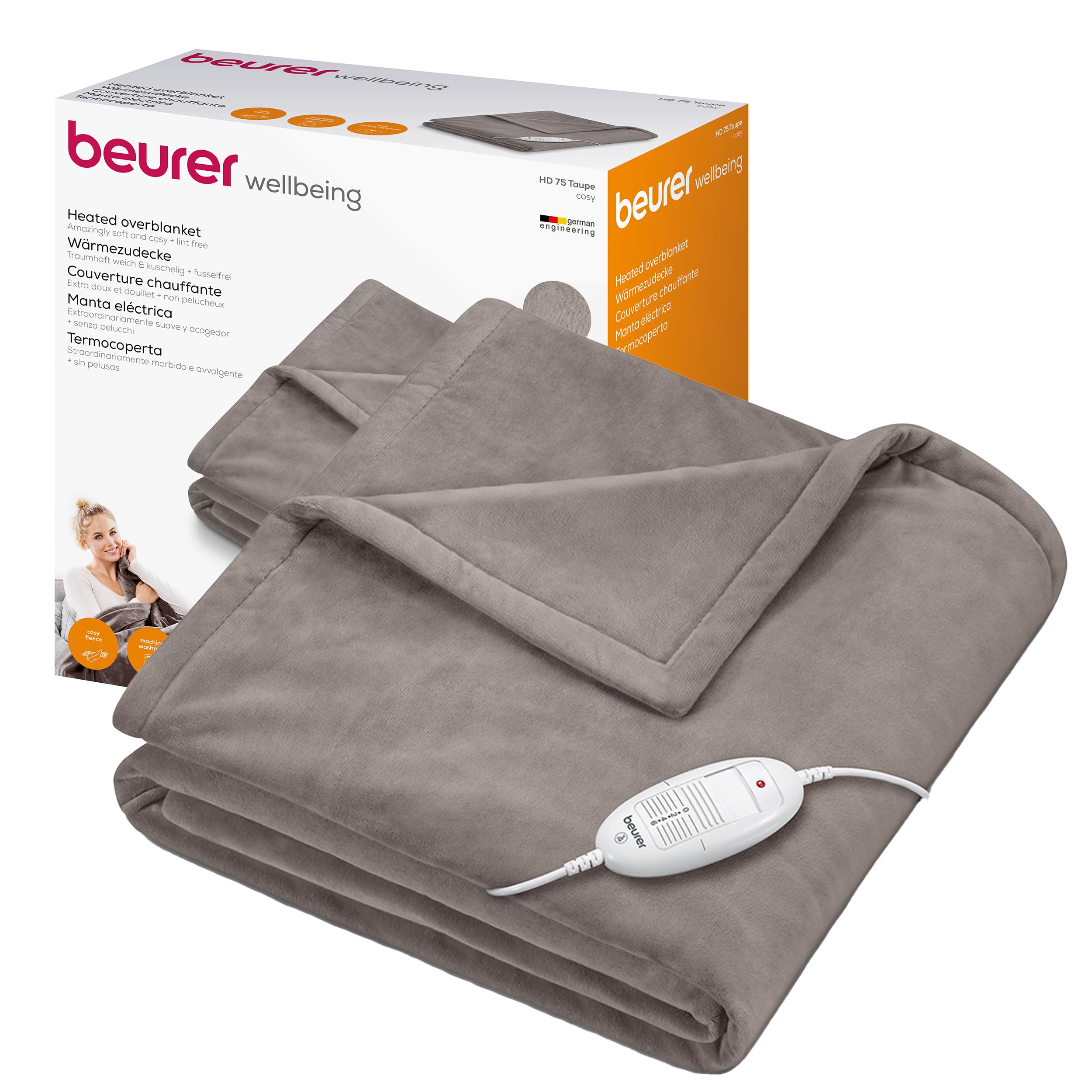 Beurer HD75 Electric Blanket with 6 Temperature Settings, Soft Heated Throw for Cosy Sofa Nights, Automatic Switch-Off & Safety System, Machine-Washable, Taupe, 180 x 130 cm, 100 watts