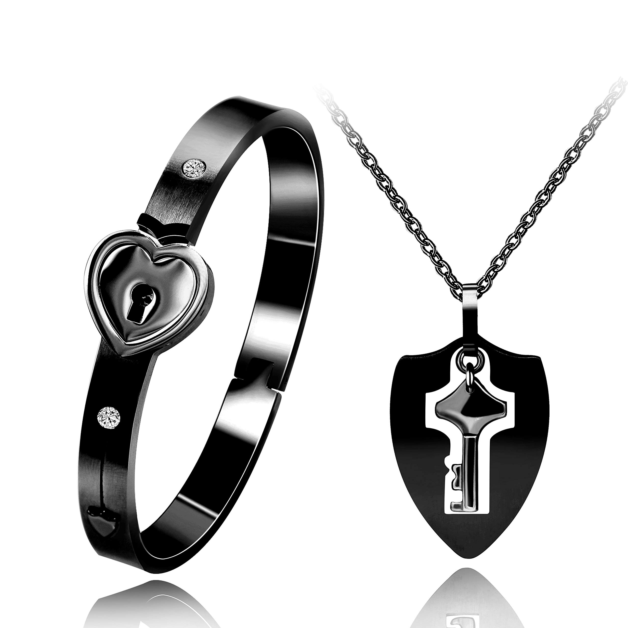 Uloveido Shield Key Pendant Necklace and Lock Bangle Bracelet for Girls Boys You Hold The Key to My Heart Couples Valentines Gifts Y473 (Black-1)