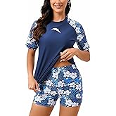 Halcurt Women Short Sleeve Two Piece Rash Guard Set UPF 50 Swim Shirt with Board Shorts