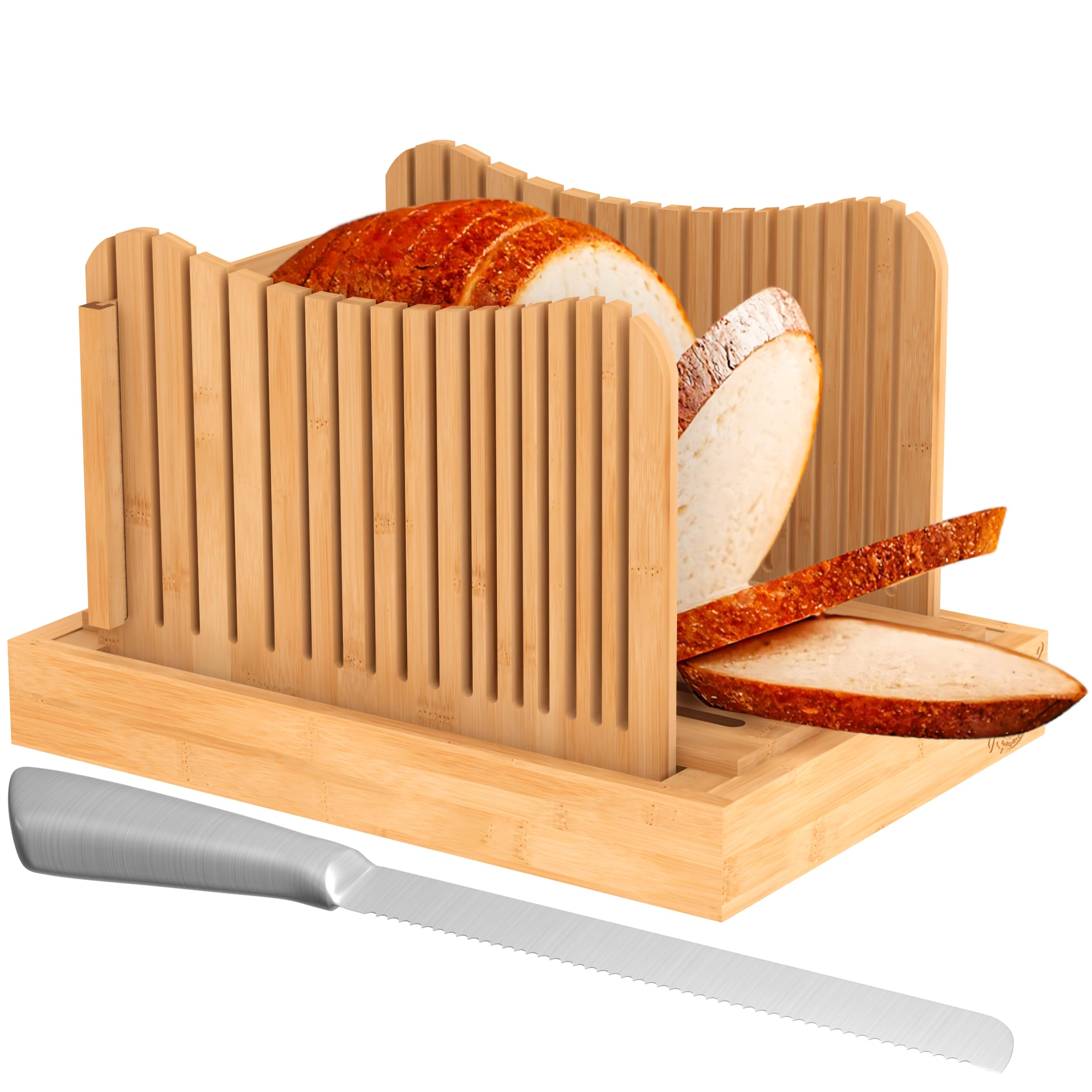 Photo 1 of ***WOOD COMES OFF SLIGHTLY*** Bamboo Bread Slicer with Professional Bread Knife & Crumb Catcher Tray – Fully Adjustable for 3 Slice Thickness & Extra Tall Cutter Guide – Enjoy Homemade Bread Like Bagel, Sourdough, Cake
