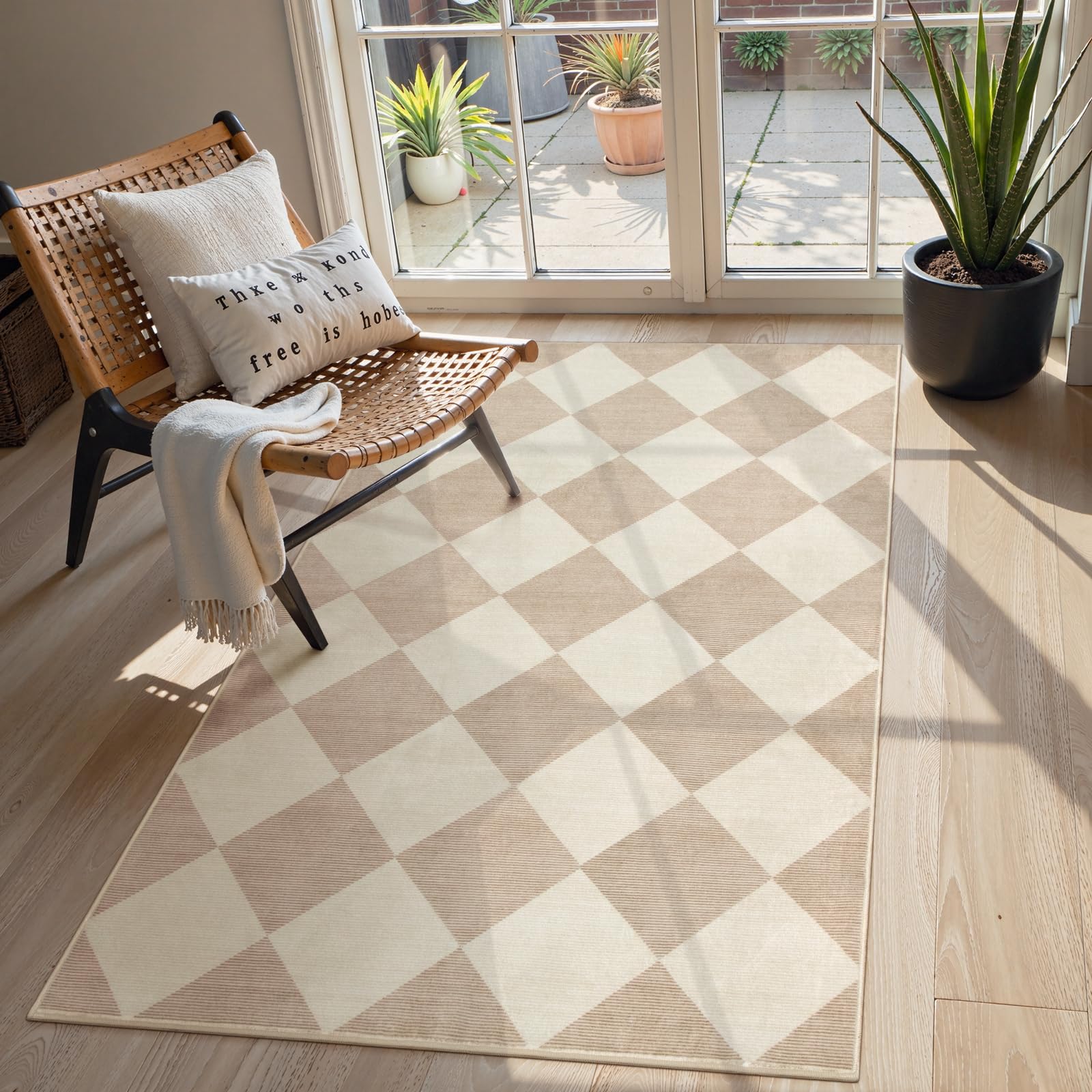 Photo 1 of Beeiva Checkered Print 3x5 Washable Area Rug for Bedroom, Non Slip Ultra Thin Beige Entryway Rug Non Shedding Kitchen Rug 3x5, Modern Checkerboard Carpet Plaid Decor for Bathroom Office Nursery