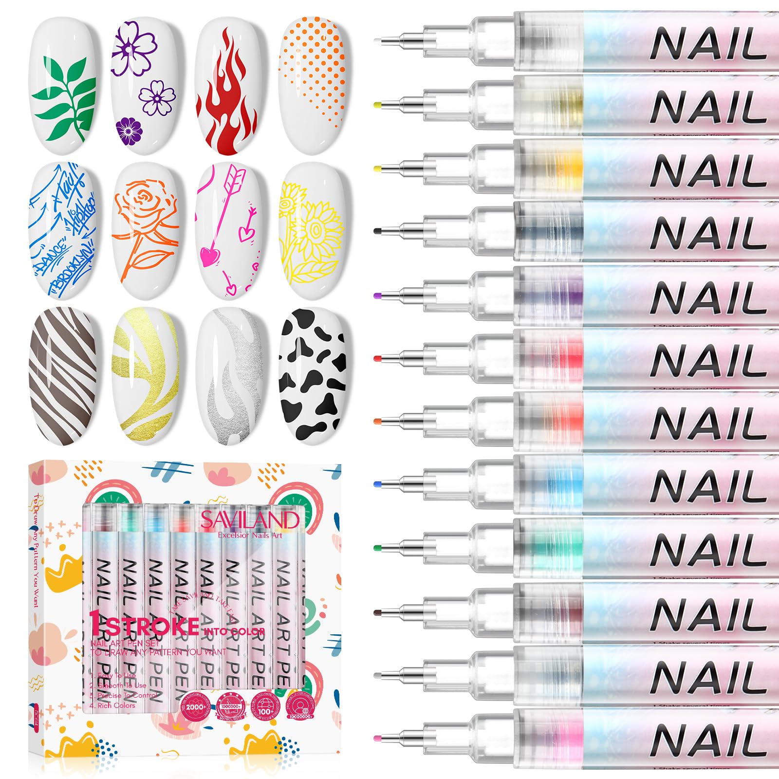 SAVILAND Nail Art Pens, 2025 Upgrade Ultra-Thin Tip Fineliner, 12 Colors Quick Dry Nail Polish Markers for 3D Drawing, DIY Manicure, Waterproof Long-Lasting Design