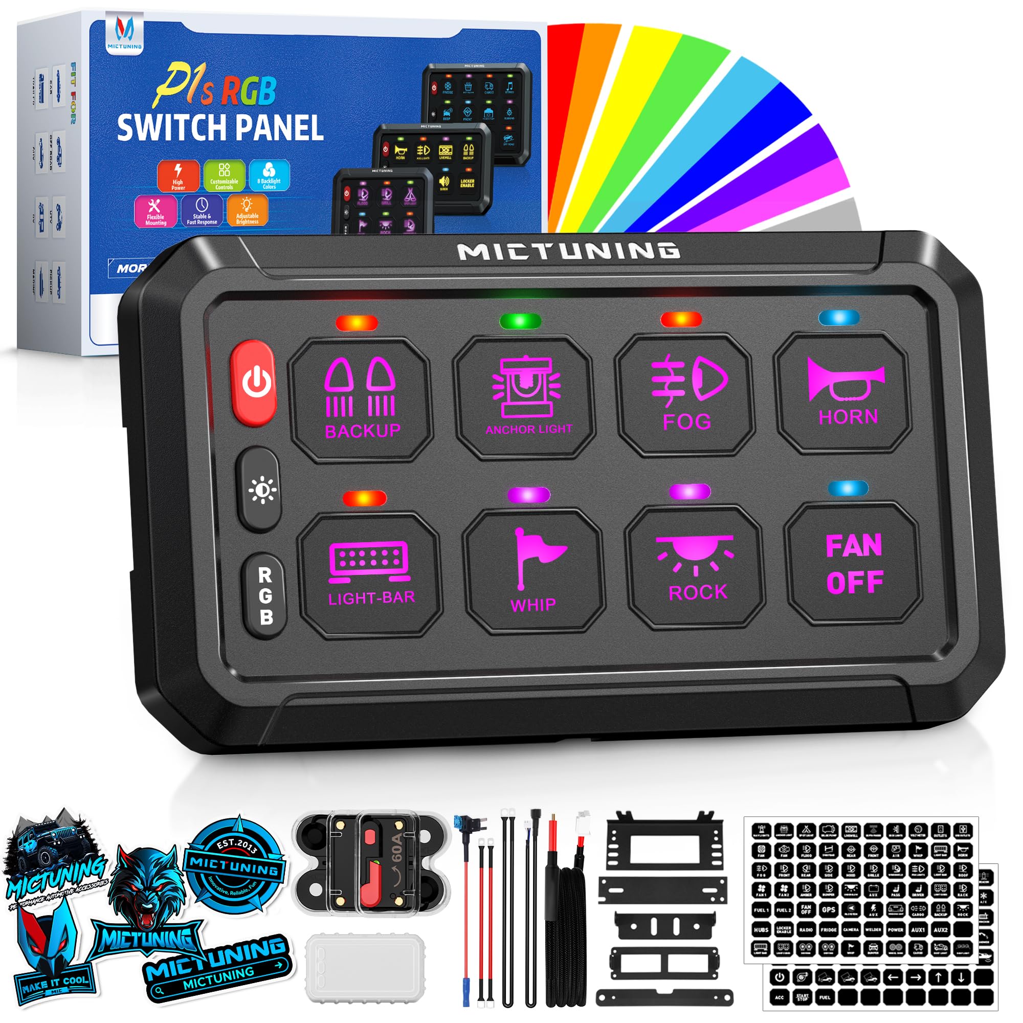Photo 1 of MICTUNING P1s RGB 5 Inch 8 Gang Switch Panel, High Power 6 Level Brightness Multifunction Flash Toggle Strobe Momentary Circuit Control Relay System Box for Car w/Silicone Cover,  