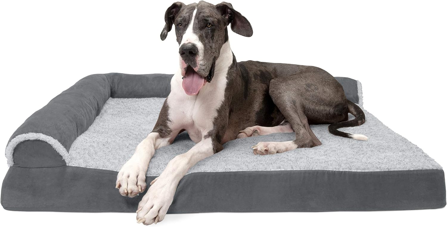 Furhaven Pet Dog Bed - Deluxe Orthopedic Two-Tone Plush and Suede L Shaped Chaise Lounge Living Room Corner Couch Pet Bed with Removable Cover for Dogs and Cats, Stone Gray, Jumbo Plus : Pet Supplies