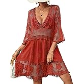 Bsubseach Women Lace Swimsuit Cover Up Bathing Suit Coverups V-Neck Swimwear Beach Vacation Dress
