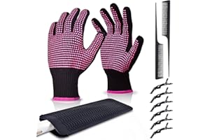 ARRITZ 2Pcs Heat Gloves for Hair Styling, Professional Curling Iron Gloves with Heat Resistant Silicone Mat Pouch, 6pcs Hair Clips, 2pcs Combs
