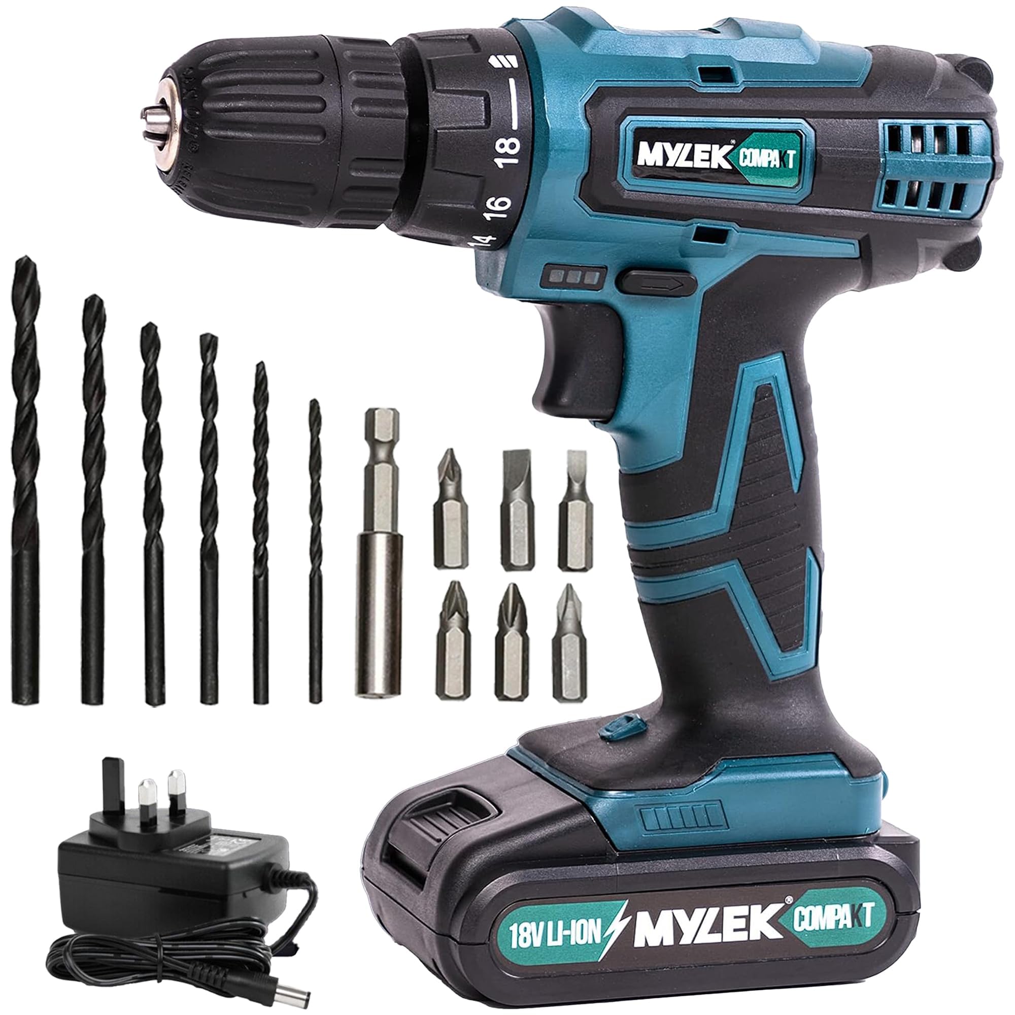 MYLEK 18V Cordless Drill - Lithium Ion Drills Driver Screwdriver Set - 13 Piece Combi Accessory Kit - LED Worklight, 18 Volts Blue/Black