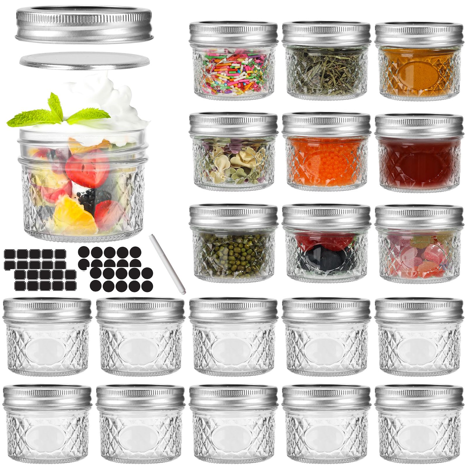 SHiZAK Mini Mason Jars 120 ml 4 oz - 20 Pack, Regular Mouth Mason Jar with Lids and Seal Pats, Small Glass Cannings Jar for Spice, Jam, Honey, Jelly, Dessert, Shower Wedding Favors, DIY Decor