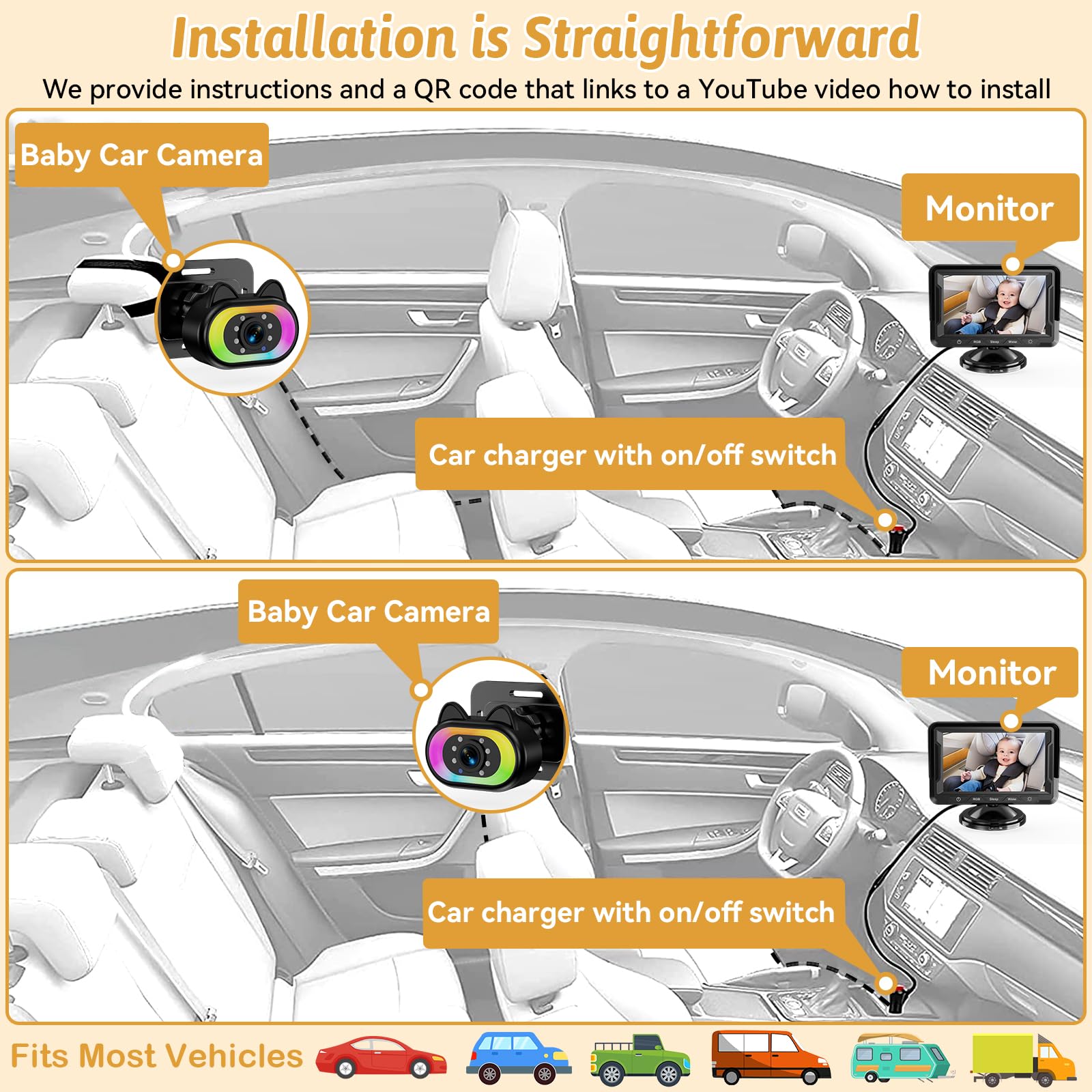 Wkzay Baby Car Camera for Backseat – HD 1080P, 150° Wide Angle, Night Vision, Easy Installation, Adjustable LED Light, 4.3” LCD Display, Anti-Glare