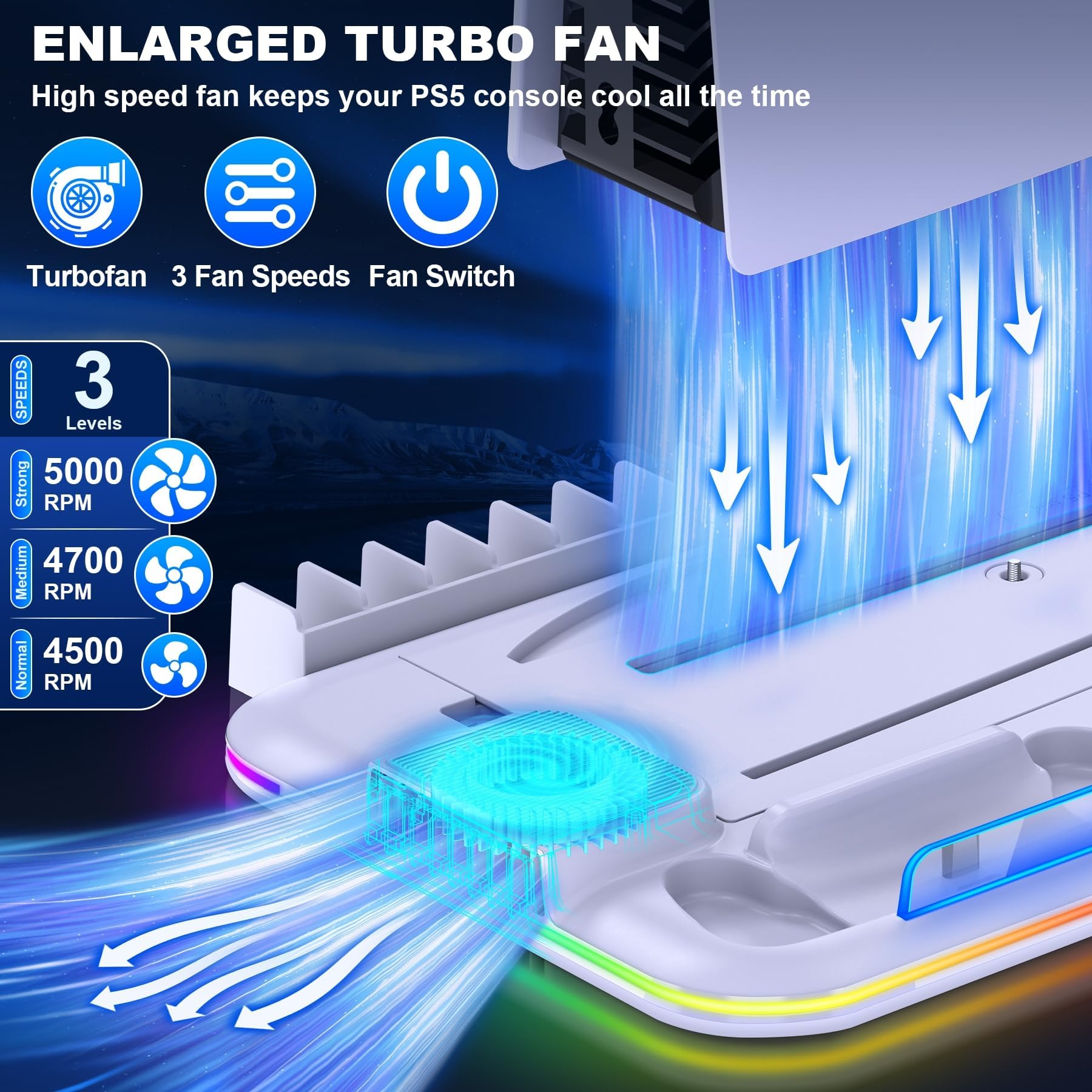 DINOSTRIKE PS5 Slim Stand and Cooling Station for Playstation 5 Slim Disc Digital Consoles,RGB PS5 Controller Charger with Cooling Fan, PS5 Cooling Base PS5 Stand Vertical Headset Holder 15 Game Slots