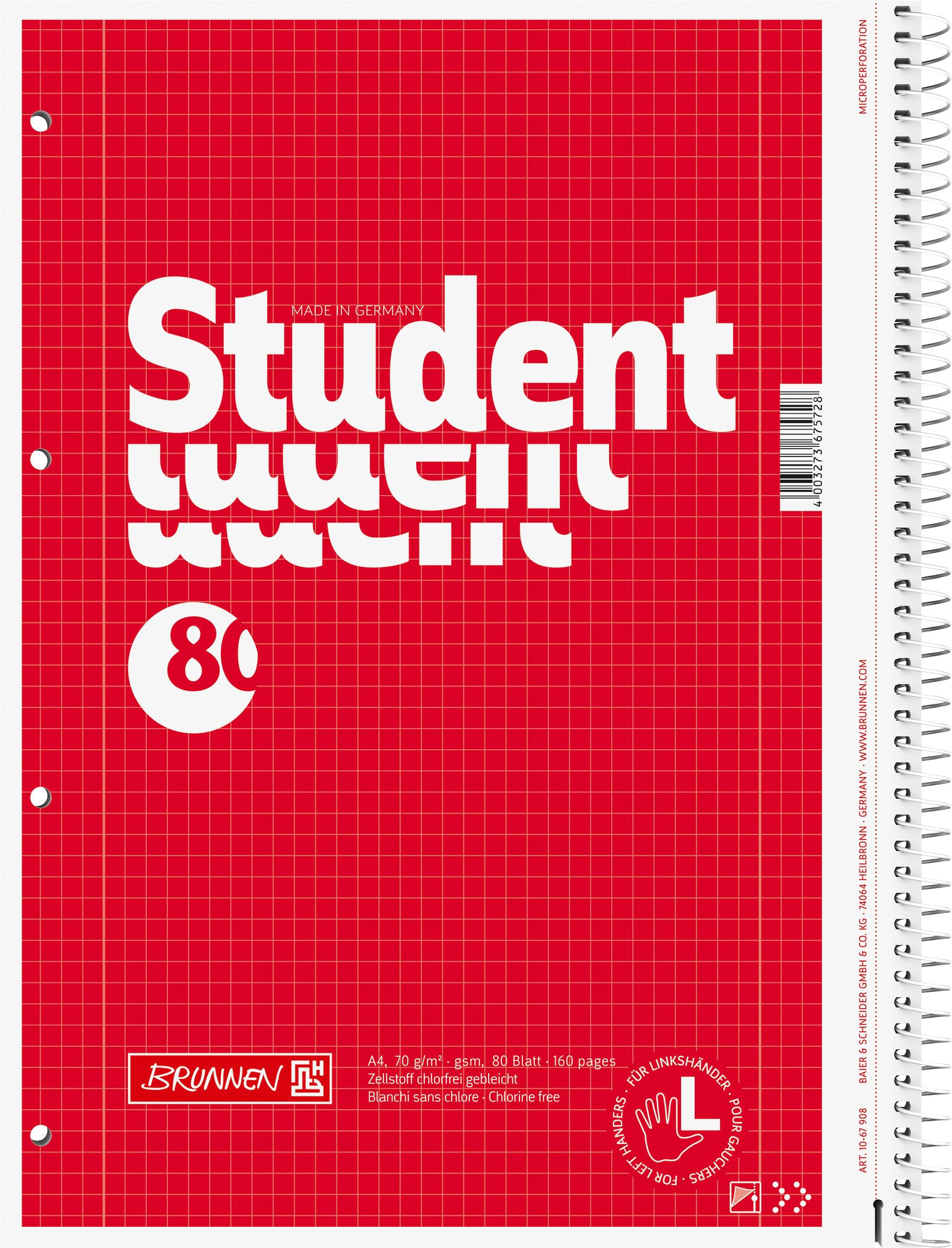 Brunnen 1067908 Notebook, Student College Block (for Left-Handed People, A4, Squared, Lineament 28, 70g/m², 80 Sheets, Spiral)