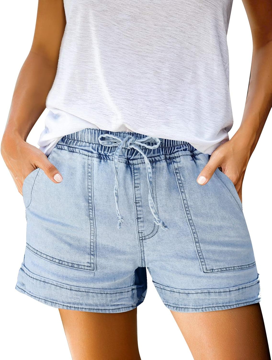 LookbookStore Women's Casual Drawstring Elastic Waist Denim Jean Shorts