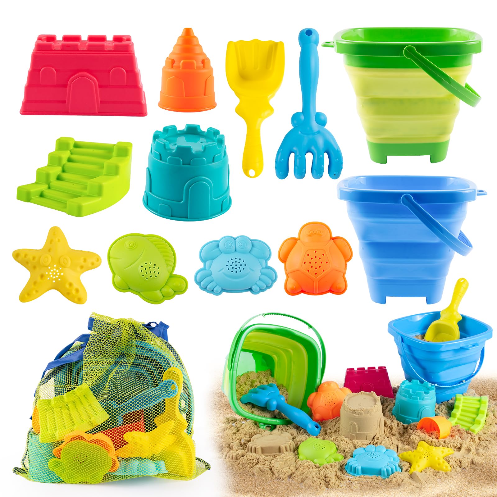 Aimlovs Collapsible Beach Toys Set for Kids,Sand Bucket Shovel, Rake, Mesh Bag 4 Molds & Castle Building Set for Beach Travel,Sandbox Toys, Foldable Beach Essentials for Toddlers 3-10(Blue&Green)
