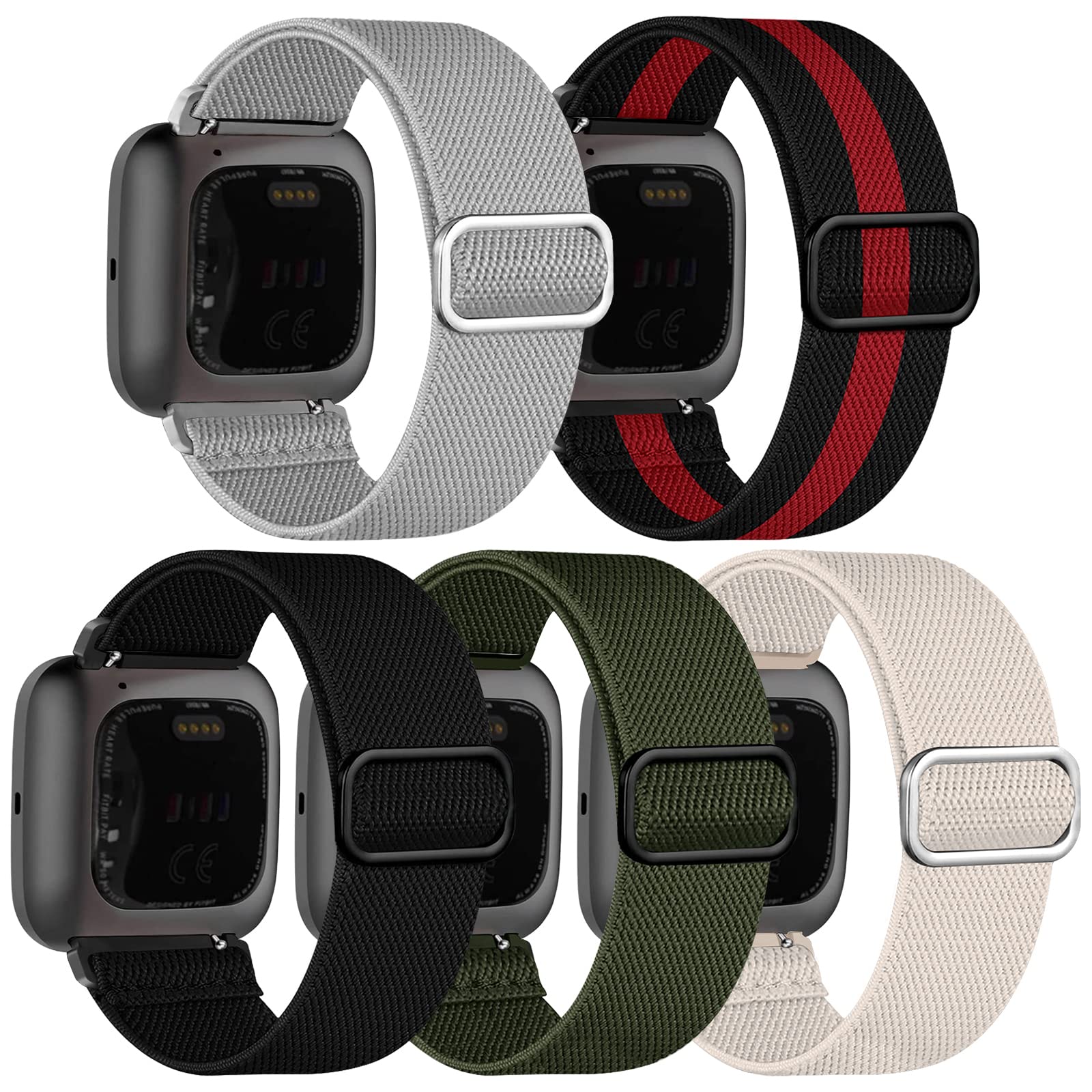 chinbersky 5 Pack Strap Compatible with Fitbit Versa 2 Straps/Fitbit Versa Strap for Women and Men, Soft Adjustable Stretch Nylon Sport Replacement Band for Fitbit Versa 2/Versa/Versa Lite/SE