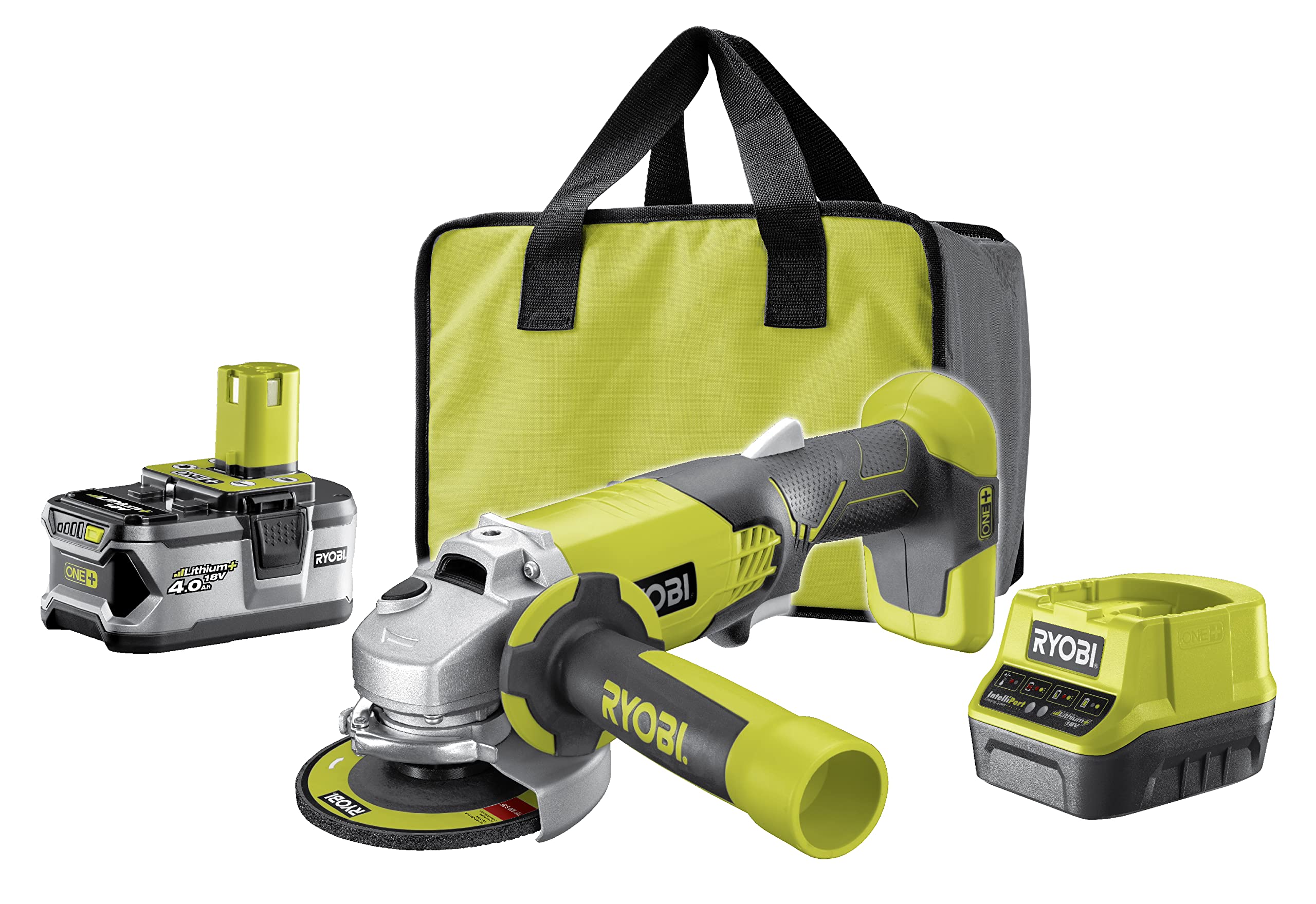 RYOBI 18 V ONE+ Cordless Angle Grinder, Disc Diameter 115 mm, Includes 2.0 Ah Battery and Charger R18AG-140S