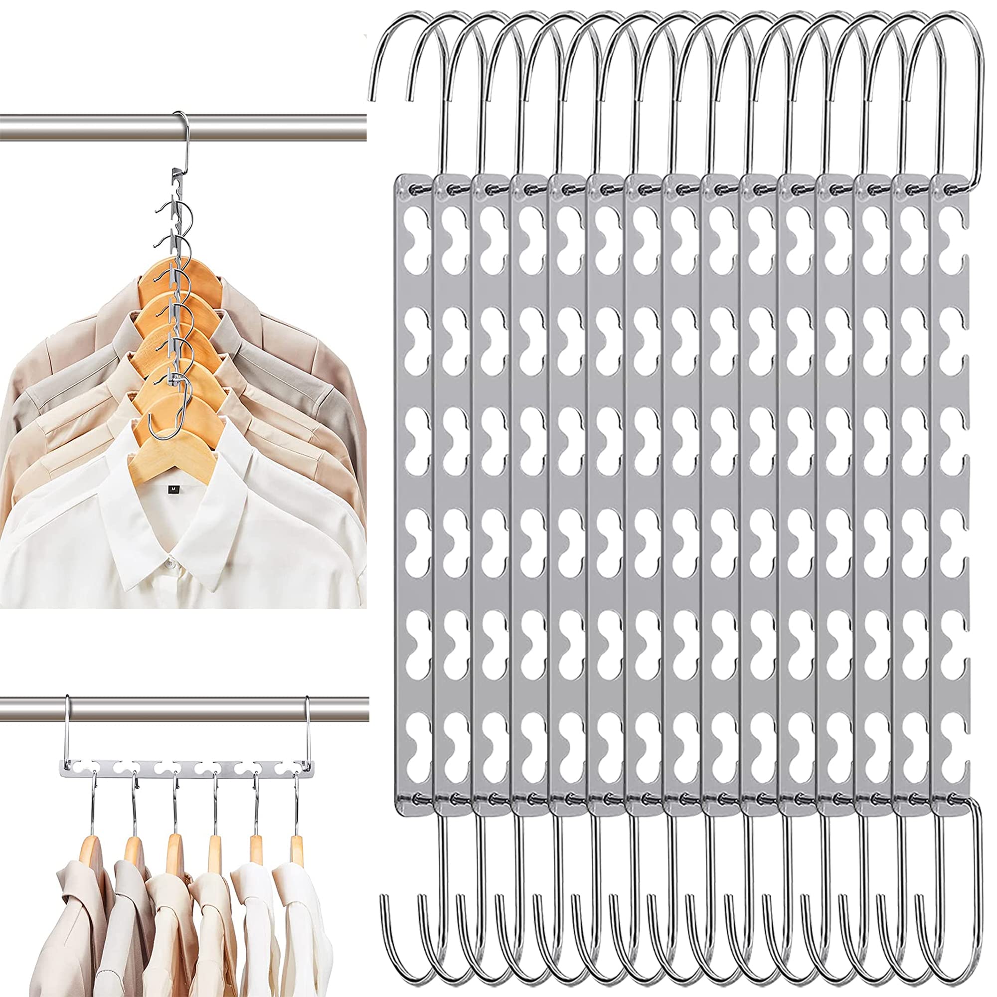 Lighterday Space Saving Hangers,15pcs Magic Hangers Space Savers,Wardrobe Space Saver Hangers,Hangers Space Saving for Trouser and Coat,Multi Hangers Space Saving for Clothes, Silver, XL, ET-48963