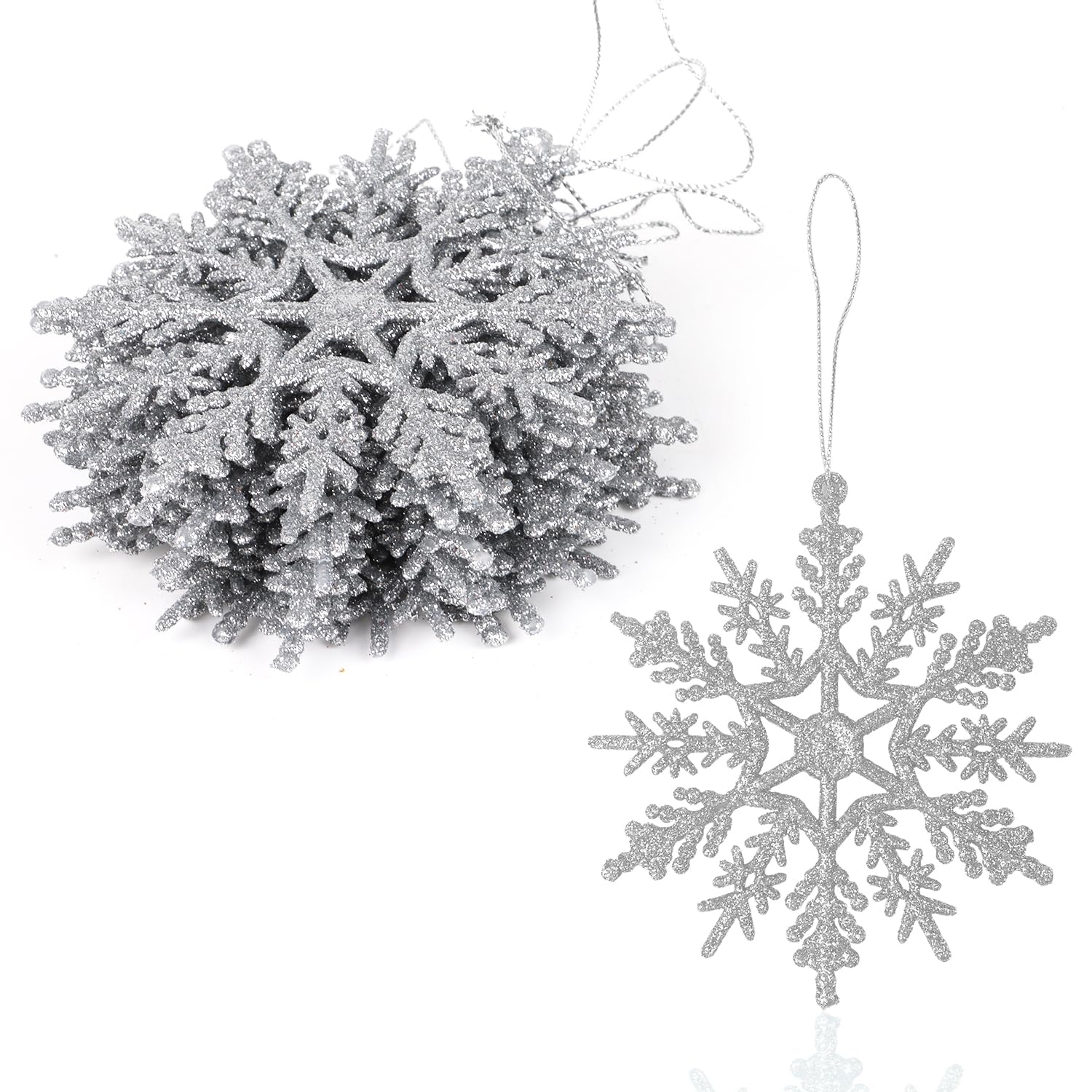 VEYLIN Hanging Decorations, 12PCS Glitter Snowflake Ornaments for Christmas Trees (Silver)