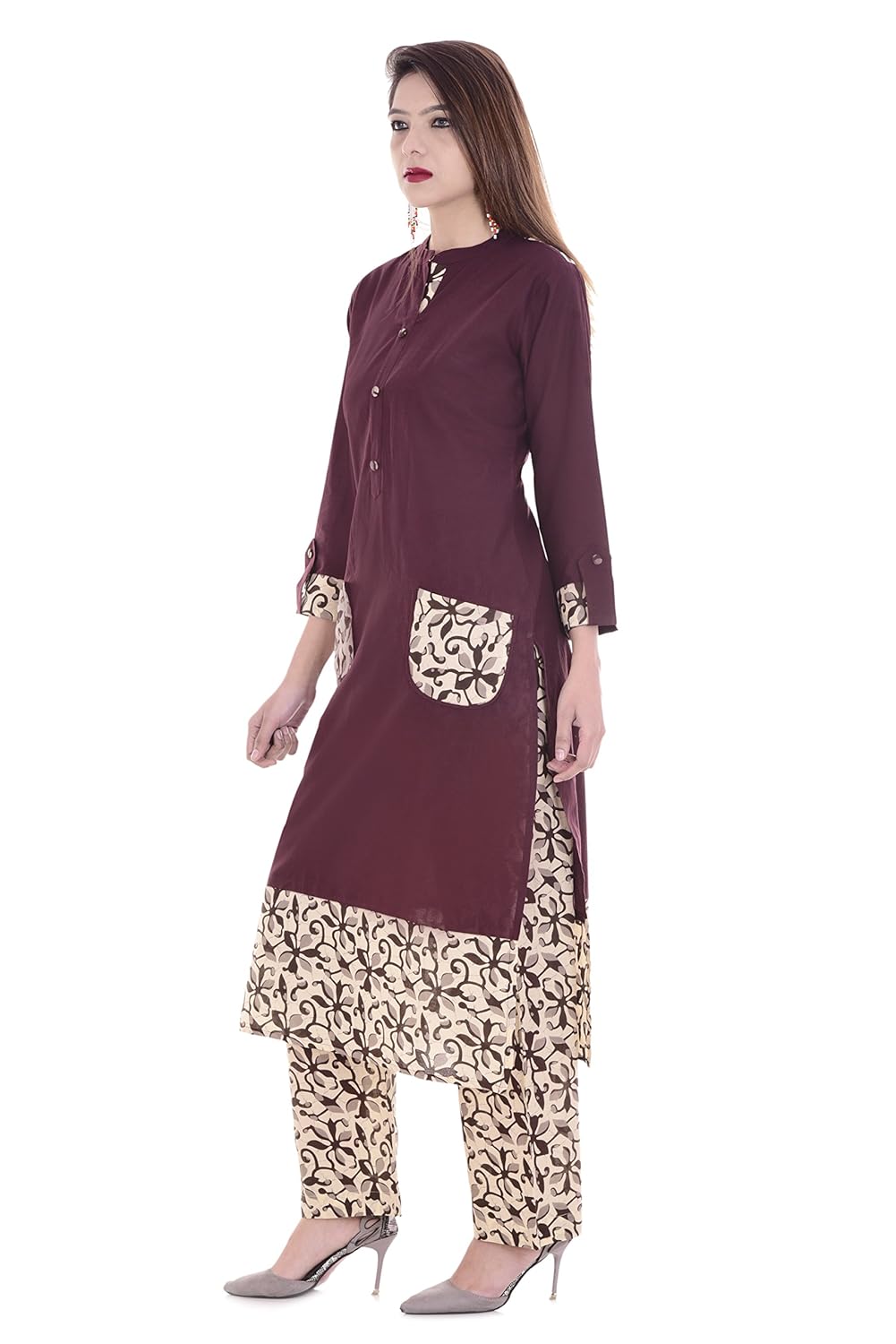 palakh women's cotton brown pocket kurti with beige printed palazzo