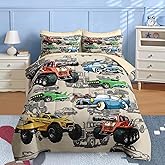 Nesker 5 Pcs Car Comforter Set Twin Size, Colorful Race Car Boys Bedding Brown Bed in a Bag for Kids and Adults, Retro Green Truck Bed Sheet Sets with Fitted Sheet Pillowcases & Shams