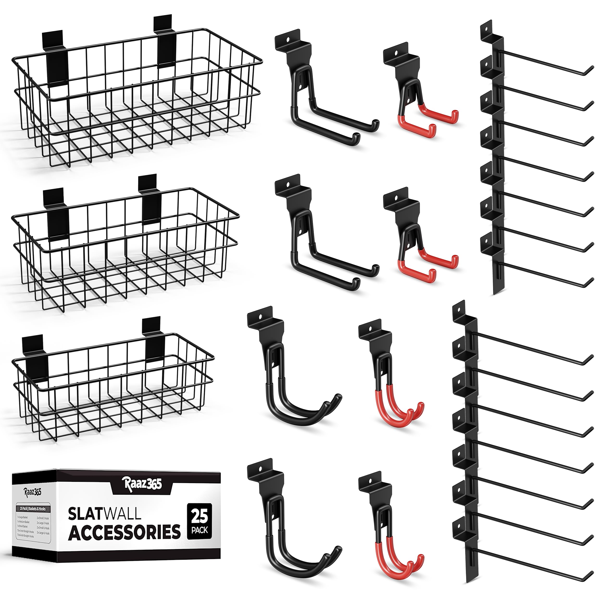Photo 1 of Raaz365 25PCS Slatwall Accessories Kit – 22 PCS Slatwall Hooks and 3 PCS Baskets - Slat Wall Accessory with Heavy Duty Slat Wall Hanging Hooks and Standard Slat Wall Hooks for Storage