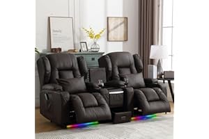 DRMBOOK RV Power Loveseat Recliner Chair Set, Leather Wall Hugger Reclining Sofa with Console, Double Home Theater Seating with Massage and Heat, 2 Person Couch RV Furniture for Living Room, Brown