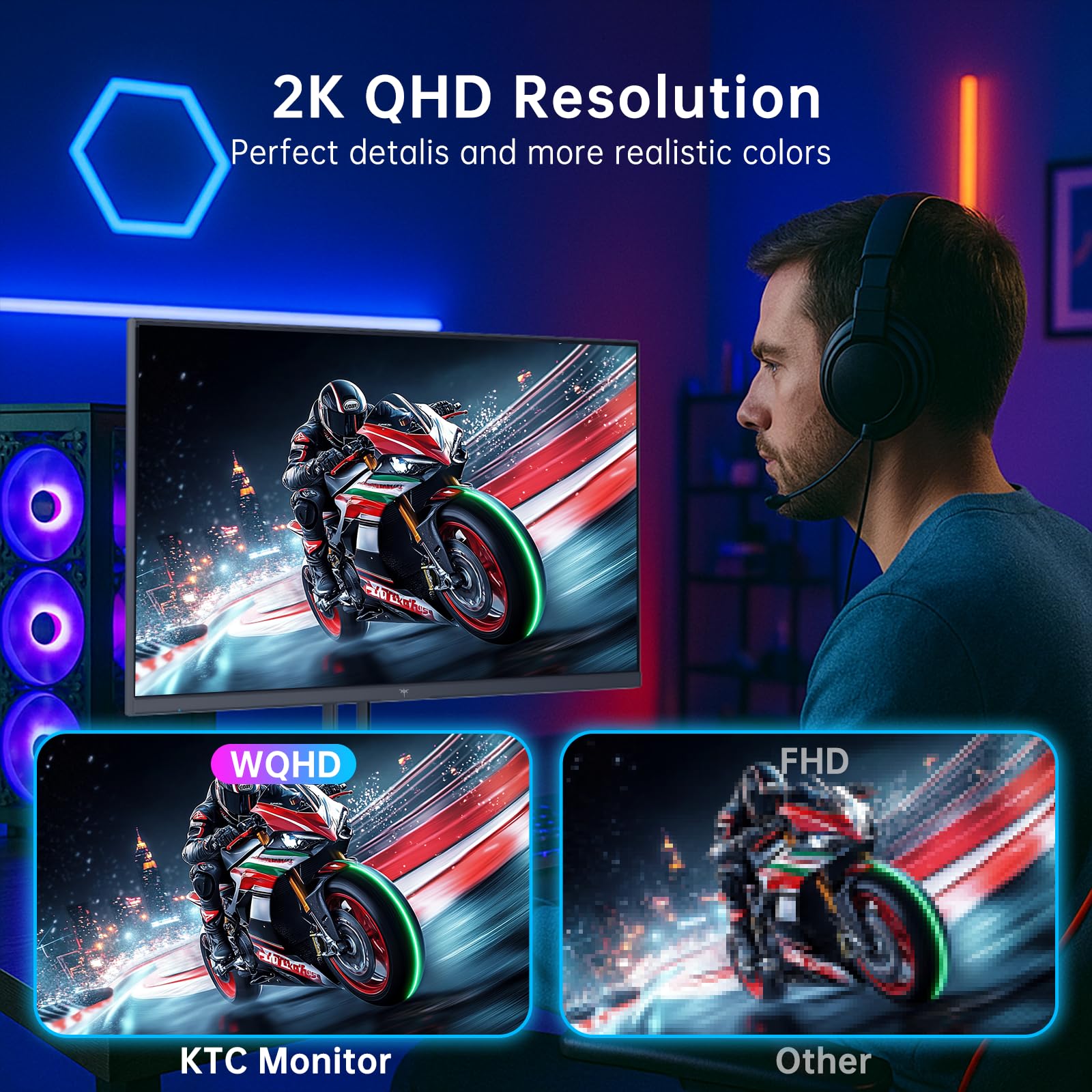 KTC 27 Inch Gaming Monitor - 2K QHD 2560 x 1440 Monitor, Up to 210Hz & 1ms, Bulit-in Speakers, Adaptive Sync, HDR400, 131% sRGB, IPS Monitors Gamer with HDMI 2.0 x 2 & DP1.4 x 2, H27T22C-3