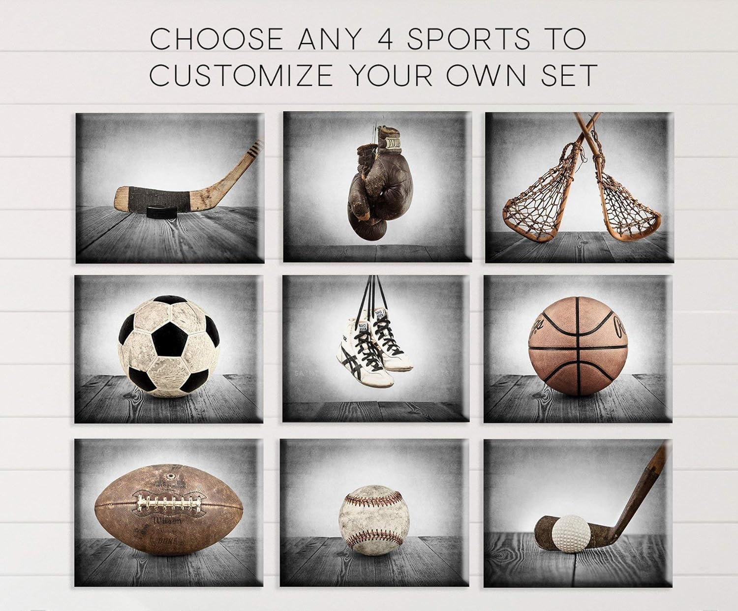 Vintage themed baseball basketball Vintage Sports Set of 4 Photo or Canvas prints ready to hang multiple sizes available Sports Themed Wall art for boys soccer and football