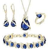 BriLove Jewelry Set for Bride, Sparkling Water Drop Cubic Zirconia Crystal Pendant Necklace Leverback Earrings Tennis Bracelet Adjustable Ring Gift for Wedding/Birthday/Mother's Day/Christmas