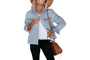 luvamia Jean Jacket Women Trendy Texture Distressed Button Down Long Sleeves Casual Trucker Denim Jackets with Pockets