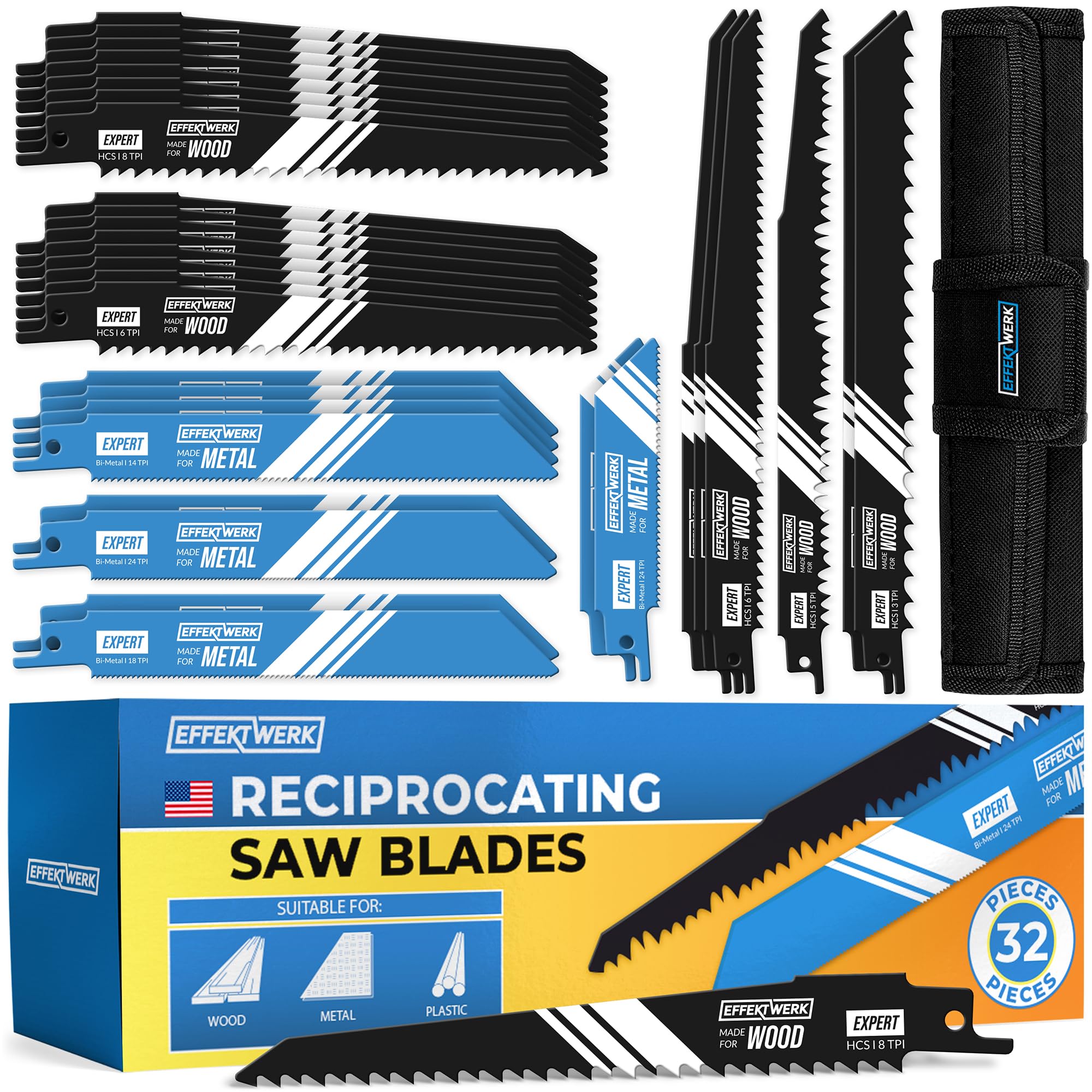 Effektwerk Reciprocating Saw Blades (32 Pieces) w/Storage Case, Carbide Steel Replacement Saw Blade Set for Tree Pruning, HCS & Bi-Metal Sabre Saws for Wood, Metal & Plastic