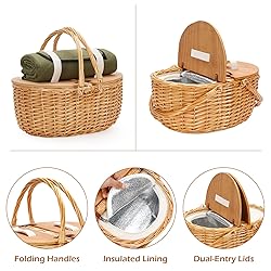 Cooler Picnic Basket with Blanket, Wooden Split Lid