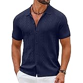 COOFANDY Men's Short Sleeve Knit Shirt Casual Button Down Shirt Vintage Summer Beach Vacation Tops