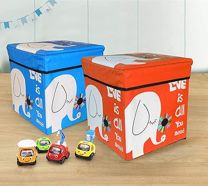 TIED RIBBONS Set of 2 Toys Storage Box Large with Lid Storage Boxes for Toys Under Lid Padded Seat (30 cm X 28.5 cm X 28.5 cm, Multicolor)