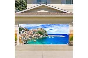 CSFOTO 6x13ft Beautiful Coast View Garage Door Decorative Banner Seaside City View Shoreline Architecture Outdoor Garage Decorative Mural Romantic Holiday Photo Wallpaper Props