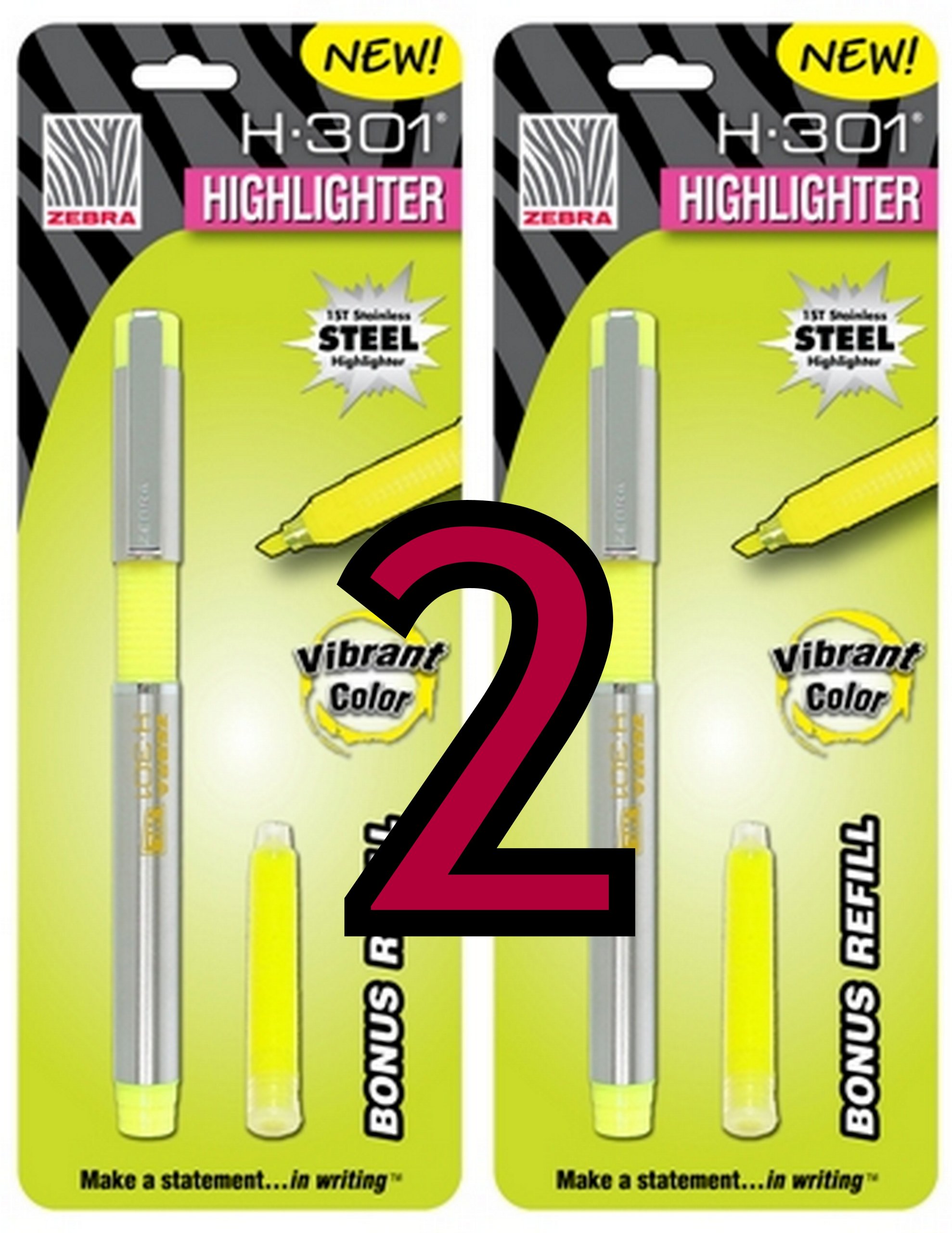 Value Pack of 2 Zebra H301 Stainless Steel Highlighter 2 Pack with 2 Refills, Yellow (76051