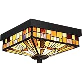 Quoizel Inglenook 2-Light Flush Mount Ceiling Light, Handcrafted Geometric Orange, Yellow, and Brown Tiffany Art Glass in Flu
