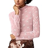 MISSACTIVER Sexy Lace Mesh Long Sleeve Sheer Top for Women See Though Mock Neck Bow Tee Shirt Blouse Pink