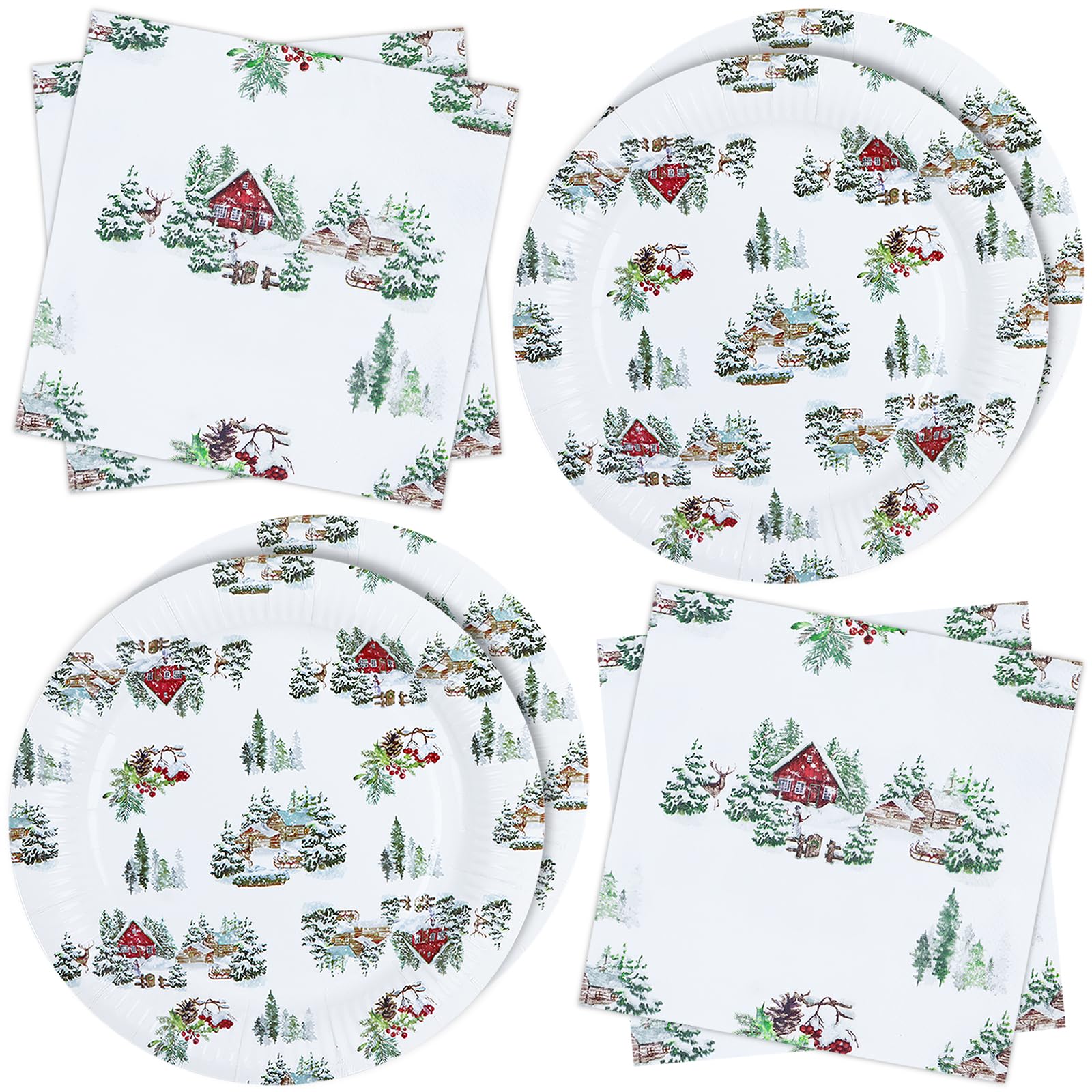 ZVK Christmas Party Paper Plates and Napkins Set Pack of 40 White Snowhouse Disposable Dinnerware, Dinner Plates, Paper Napkins