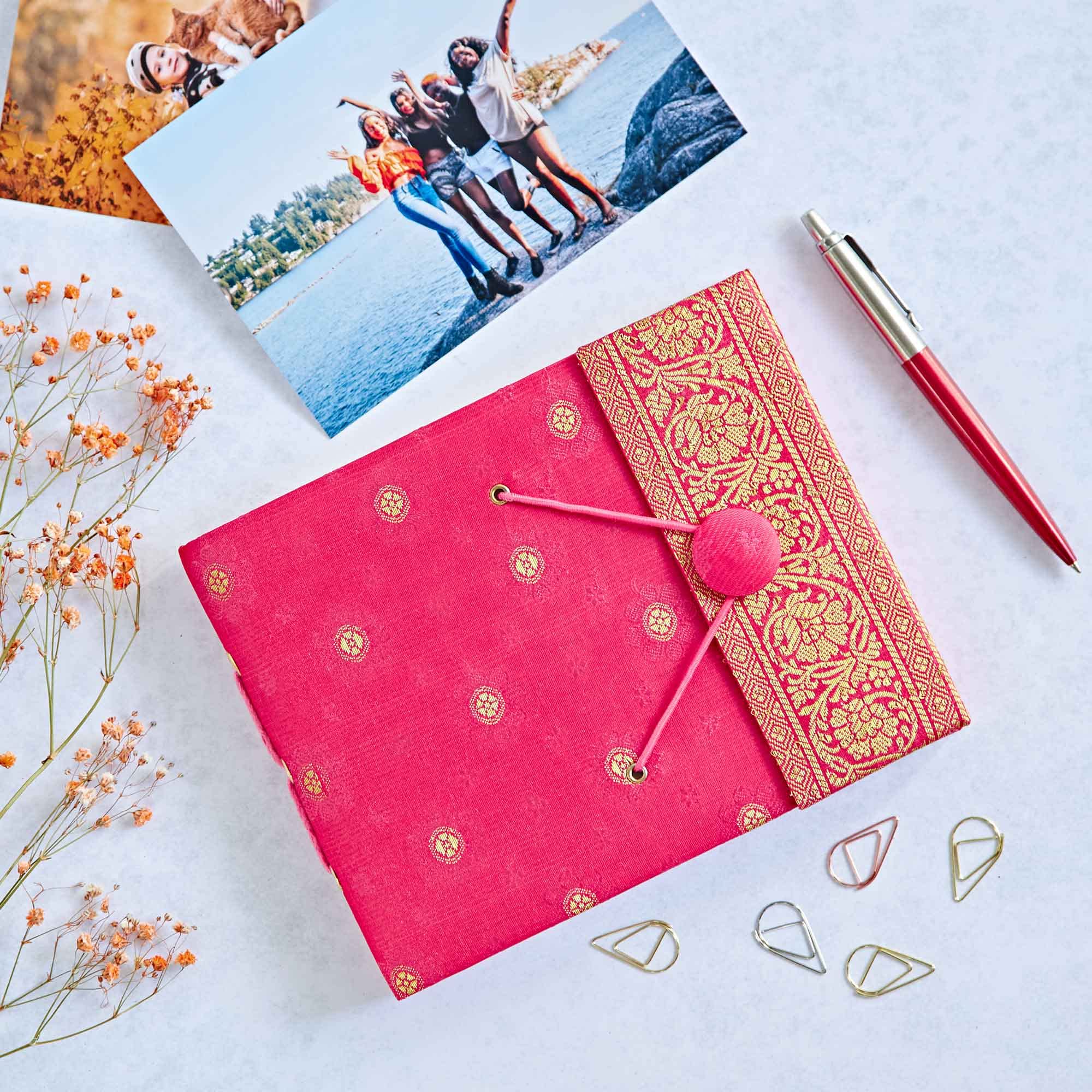 Paper High Sari Fabric Cover Photo Album Small | Red | 30 Pages to fit 30 6x4 Photos | Fair Trade & Handmade | Scrapbooking and Crafting Picture Album