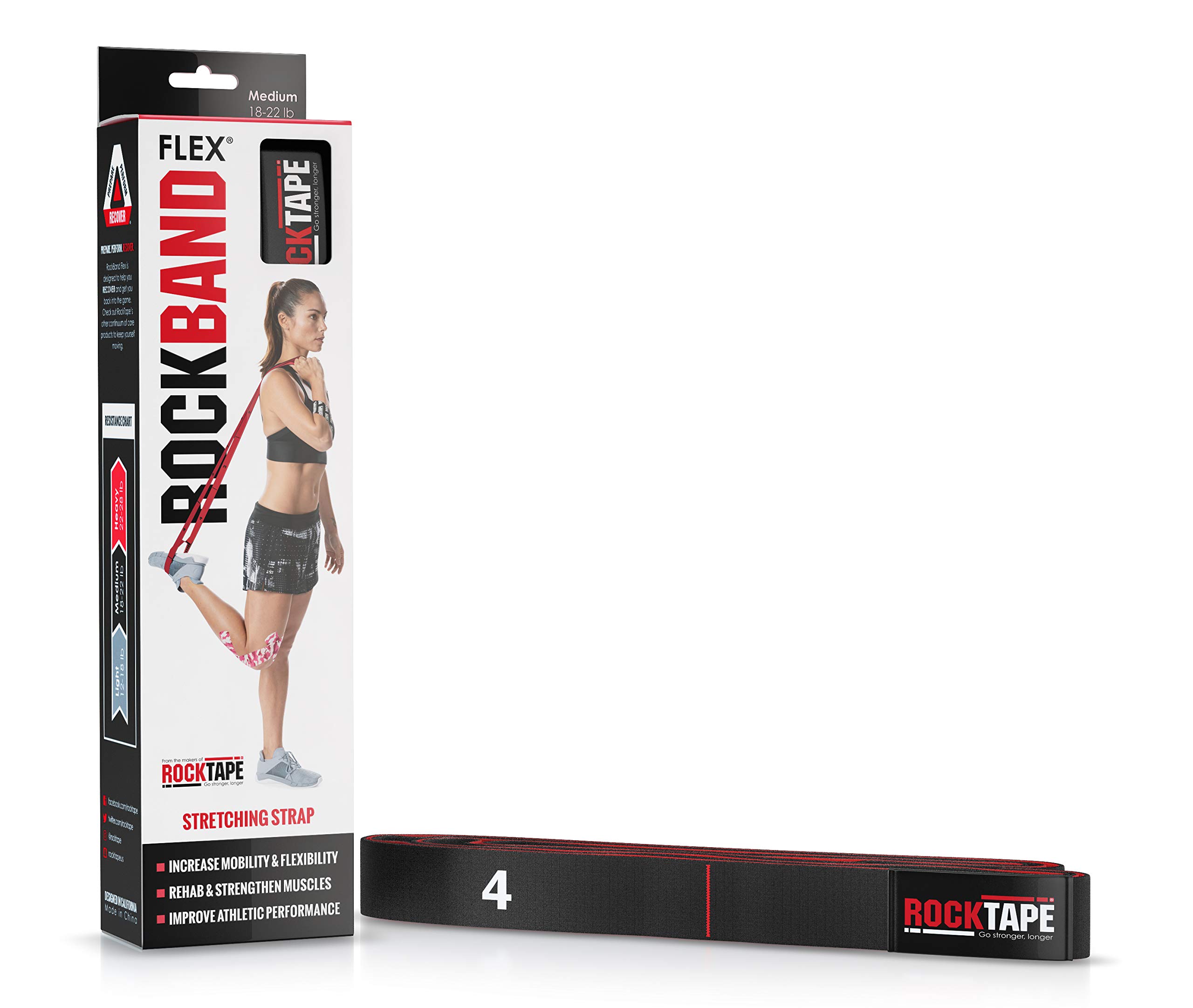 RockTape RockBand Flex – Medium Resistance (8.2–10kg) – Cotton/Nylon Looped Band with Guide for Strength, Rehab & Flexibility - Washable, Durable & Latex-Free, Black
