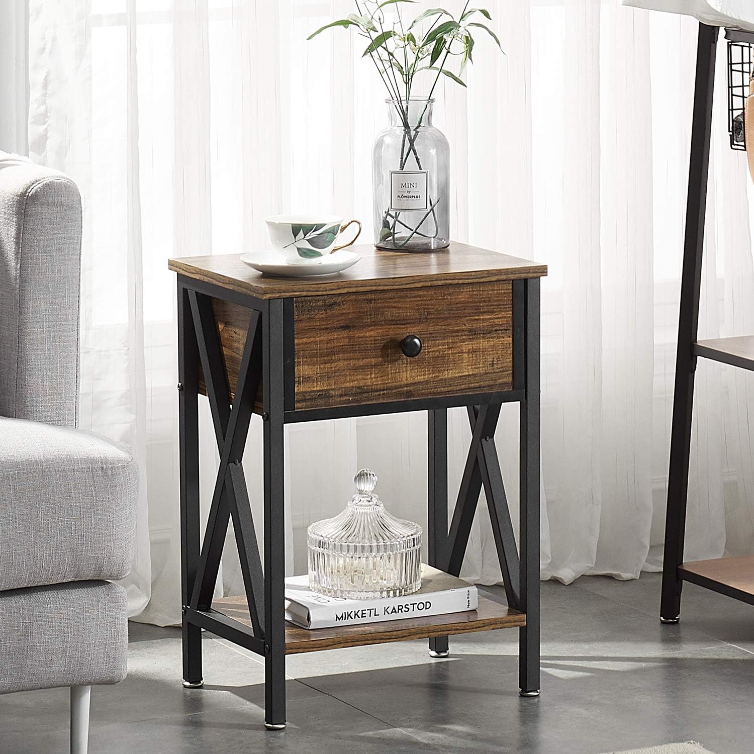 VECELO Modern Versatile Nightstands X-Design Side End Table Night Stand Storage Shelf with Bin Drawer for Living Room Bedroom, Set of 2 (Brown): Home & Kitchen