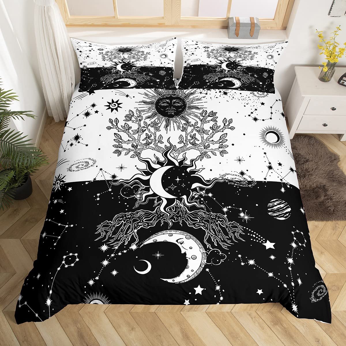 Sun and Moon Duvet Cover Black and White Yin Yang Bedding Set Boho Trippy Tree of life Comforter Cover for Boys Girls Kids Outer Space Universe Planet Bedspread Cover King