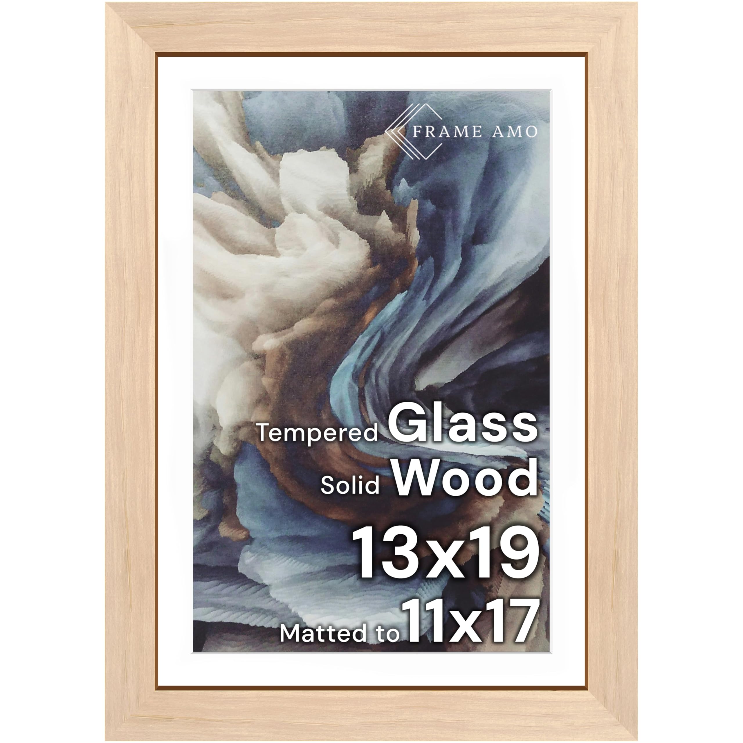 Frame Amo 13x19 Solid Wood Poster Frame Natural, White Mat for 11x17 Image, Tempered Glass Front, 1.5 inch Wide, 1 inch Thick, High-End, Heavy-Duty, Gallery Grade & Acid-Free Image