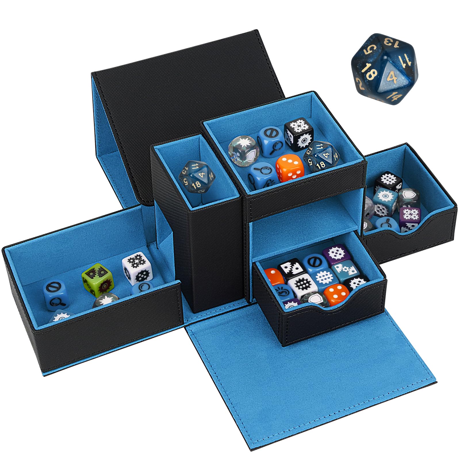 Jaffzora 3 in 1 Dice Tower & Storage Box, Magnetic Leather Dice Tray & Dice Roller, Portable Dice Organizer for Dungeons & Dragons, MTG, RPG & Tabletop Games, Black & Blue
