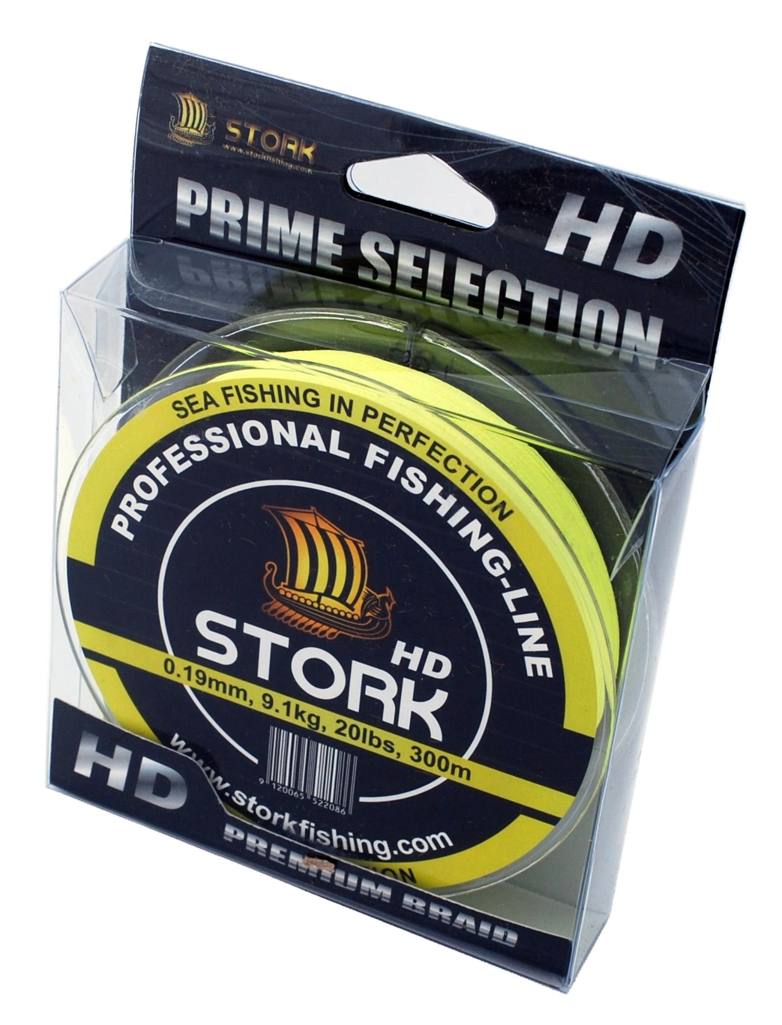 Stork HD, Stork 4-Strand Braided Fishing Line 300m (Fluo Yellow, 20 lbs / 9.1 kg / 0.19 mm)