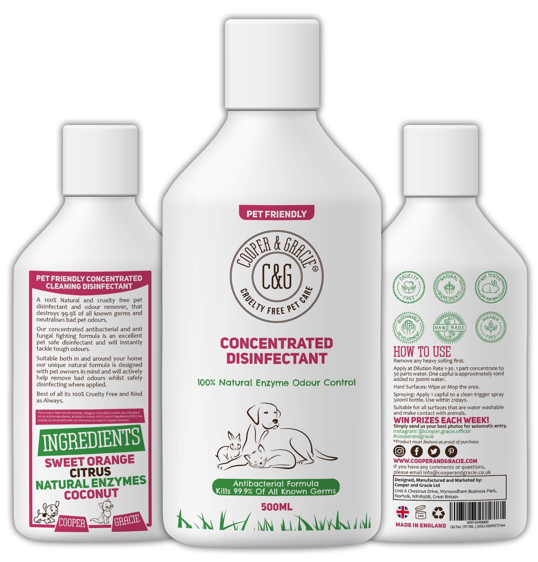 C&G Pets | Pet Friendly Cleaning Disinfectant 500ml | Natural Enzymes Odour Control | Antibacterial & Antifungal Formula Kills 99% Germs | Actively Removes Bad Odour | Safely Disinfects